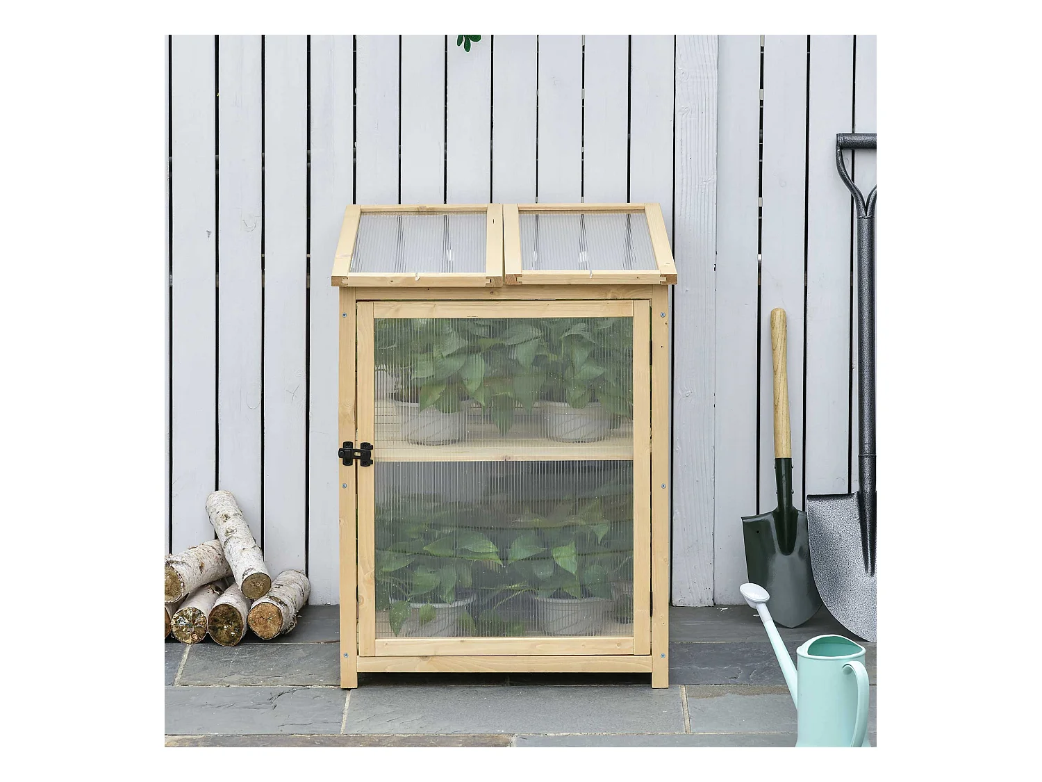 Mini serre de jardin 2 niveaux dim. 62L x 63l x 82H cm porte et panneau toit ouvrant bois sapin traité polycarbonate