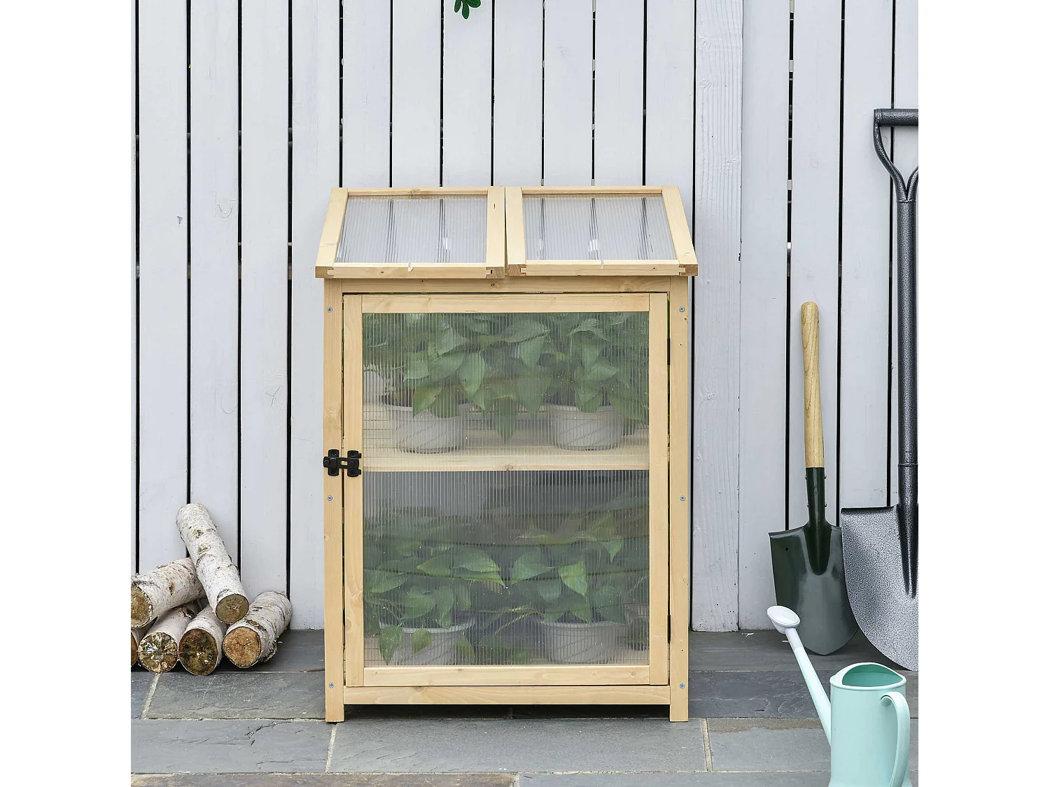 Mini serre de jardin 2 niveaux dim. 62L x 63l x 82H cm porte et panneau toit ouvrant bois sapin traité polycarbonate