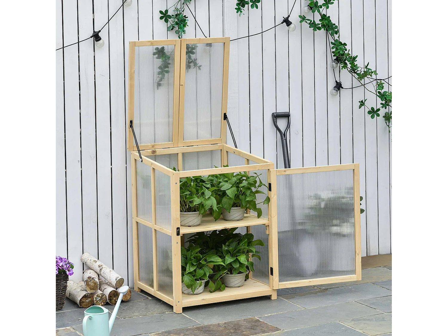 Mini serre de jardin 2 niveaux dim. 62L x 63l x 82H cm porte et panneau toit ouvrant bois sapin traité polycarbonate