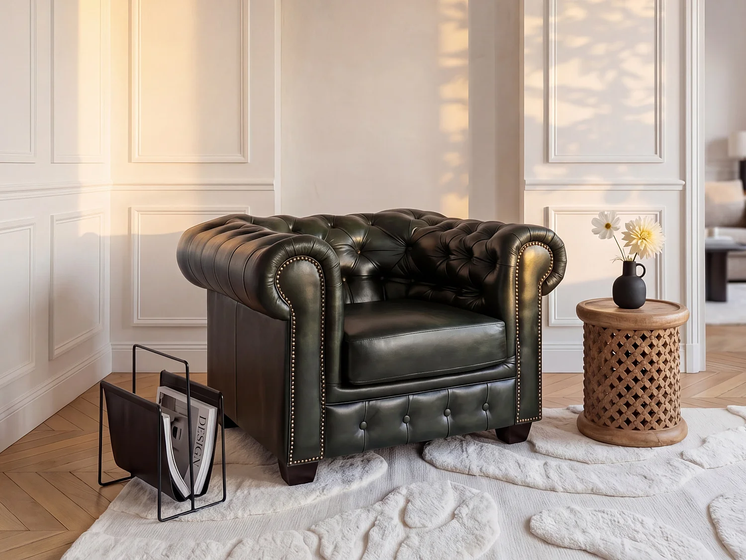 Fauteuil chesterfield BRENTON 100% buffelleer - empire groen
