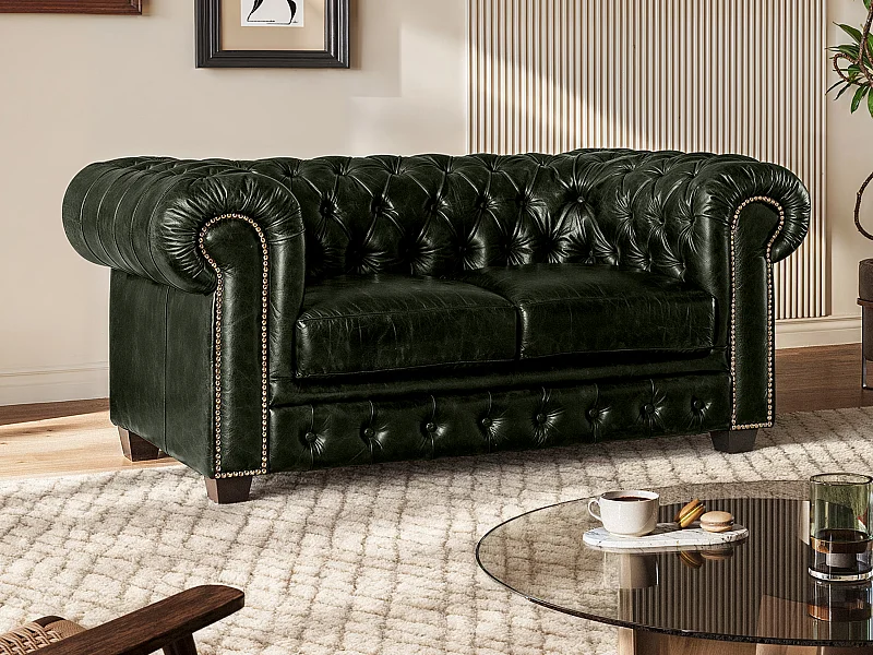 Tweezitsbank Chesterfield BRENTON 100% buffelleer - empire groen
