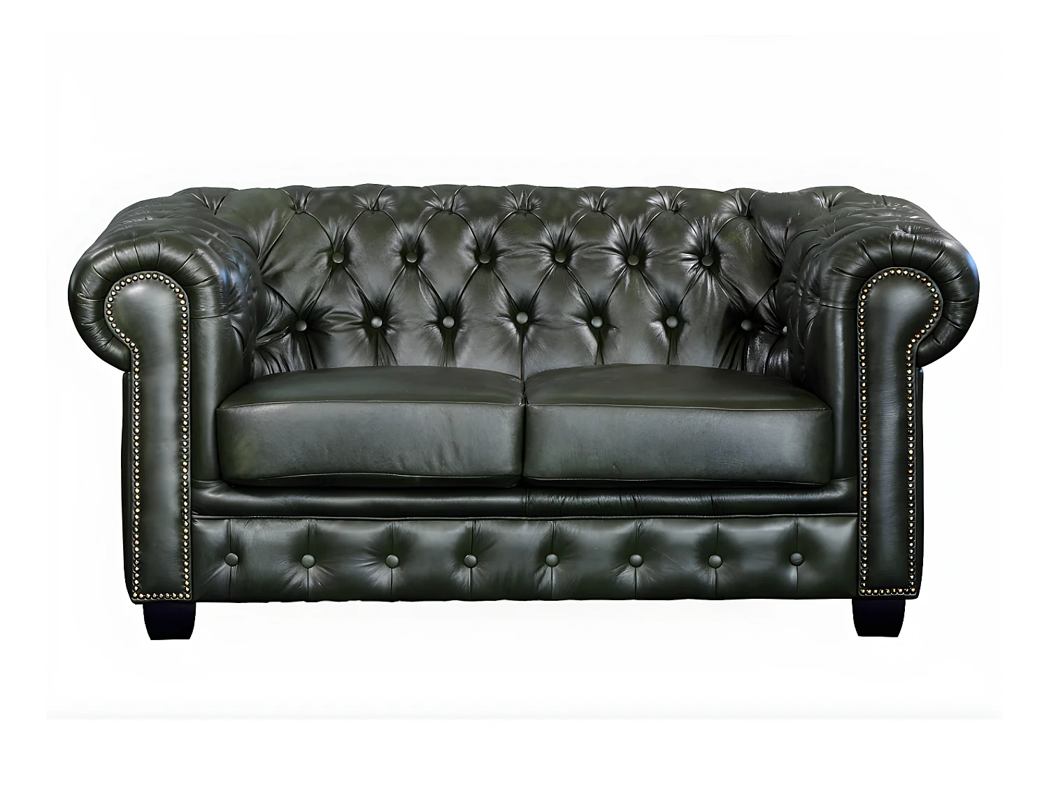 Chesterfield Ledersofa 2-Sitzer - Büffelleder - Schwarzgrün - BRENTON