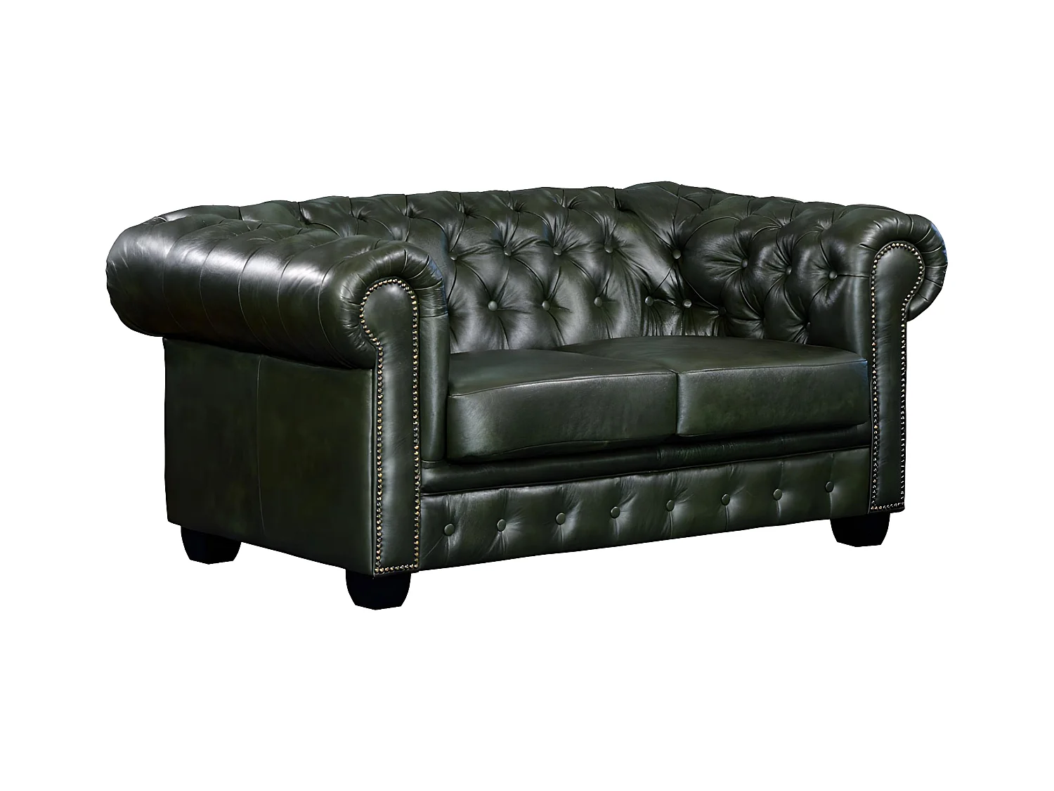 Chesterfield Ledersofa 2-Sitzer - Büffelleder - Schwarzgrün - BRENTON