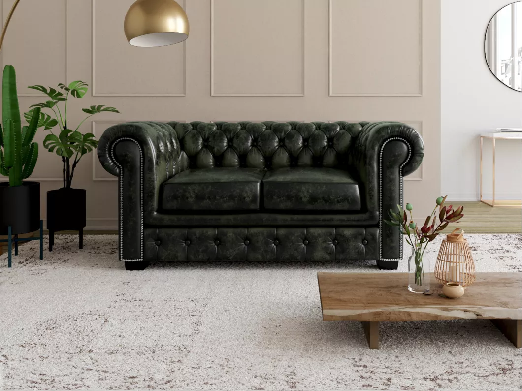 Kauf Unique Chesterfield Ledersofa 2-Sitzer - Büffelleder - Schwarzgrün - BRENTON