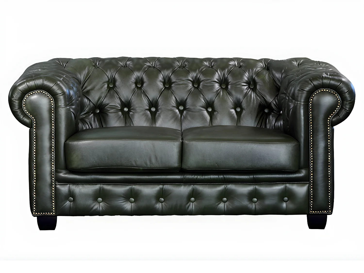 Chesterfield Ledersofa 2-Sitzer - Büffelleder - Schwarzgrün - BRENTON