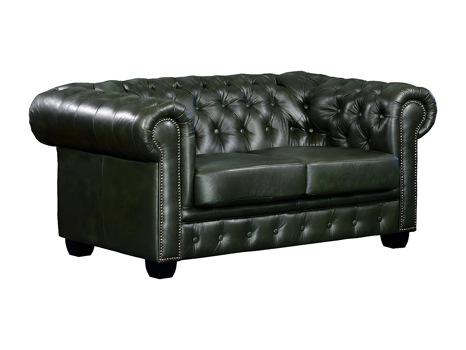 Chesterfield Ledersofa 2-Sitzer - Büffelleder - Schwarzgrün - BRENTON