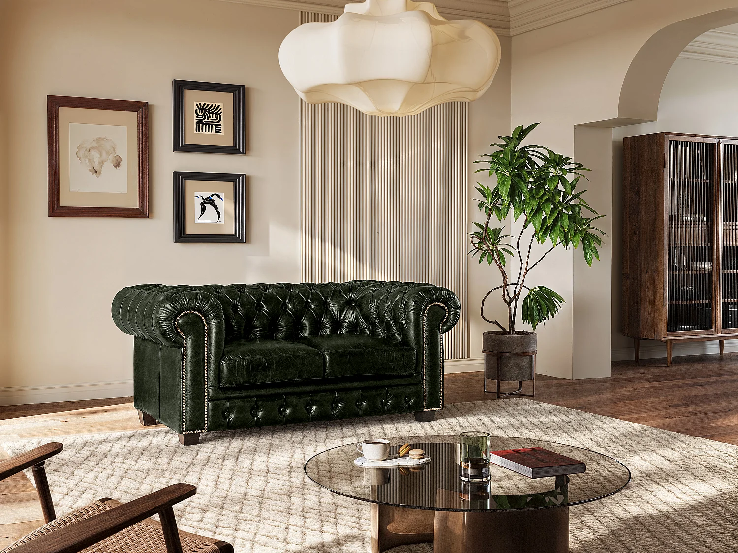 Chesterfield Ledersofa 2-Sitzer - Büffelleder - Schwarzgrün - BRENTON