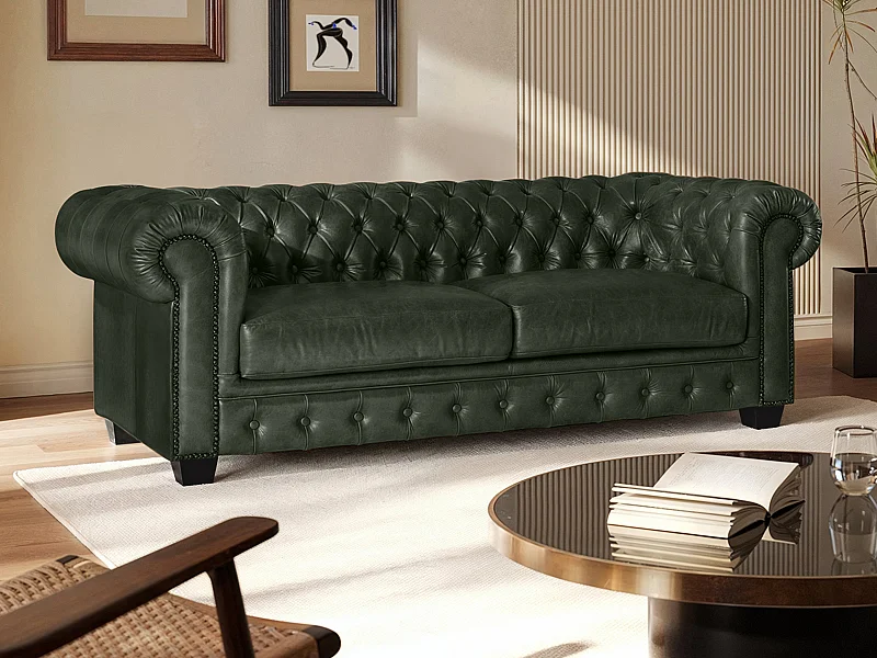 Driezitsbank Chesterfield BRENTON 100% buffelleer - empire groen