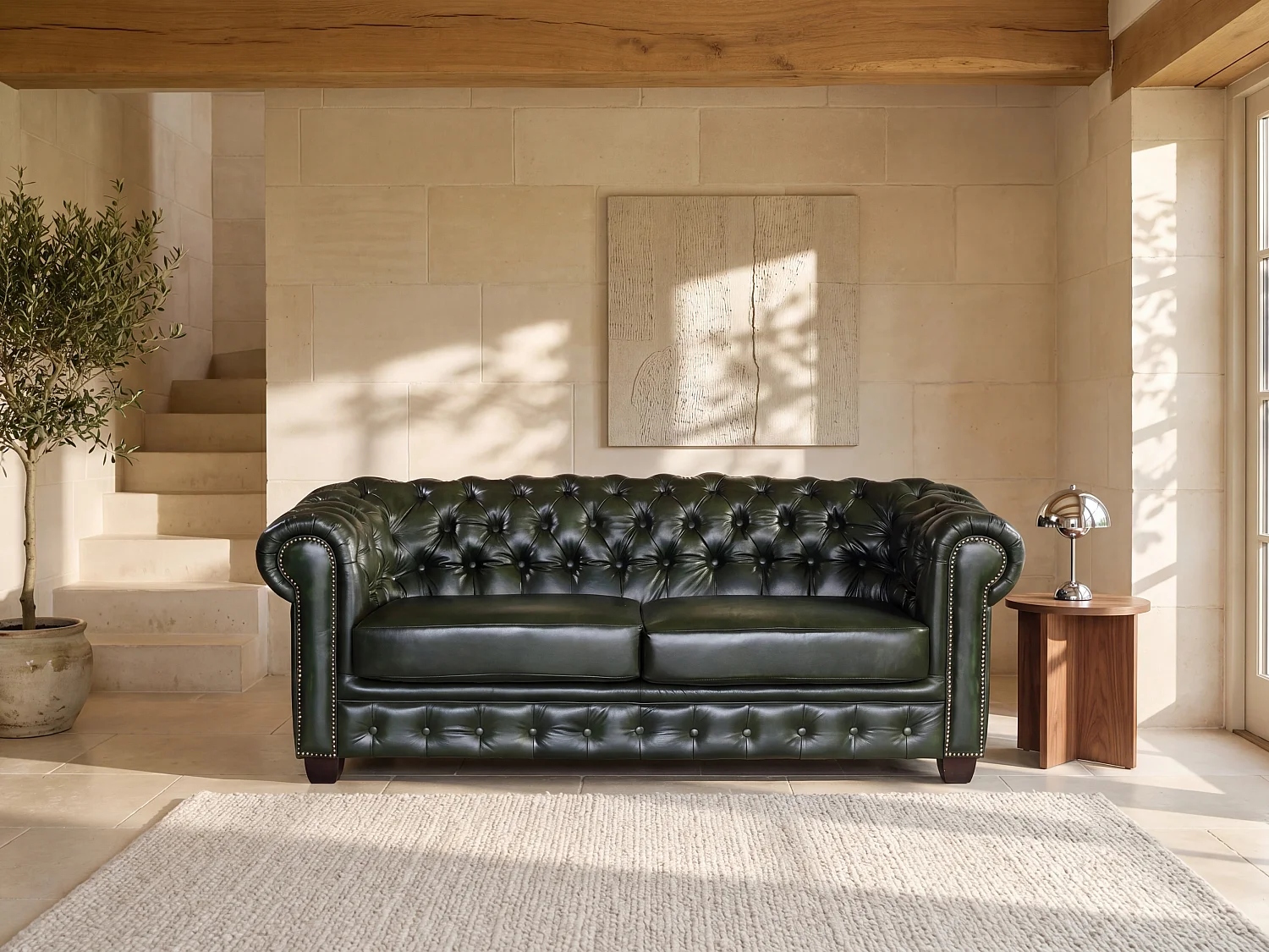 Canapé chesterfield 3 places BRENTON 100% cuir de buffle - Vert empire