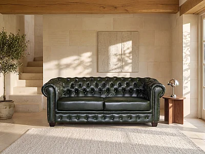Divano Chesterfield a 3 posti 100% pelle di bufalo Verde imperiale - BRENTON