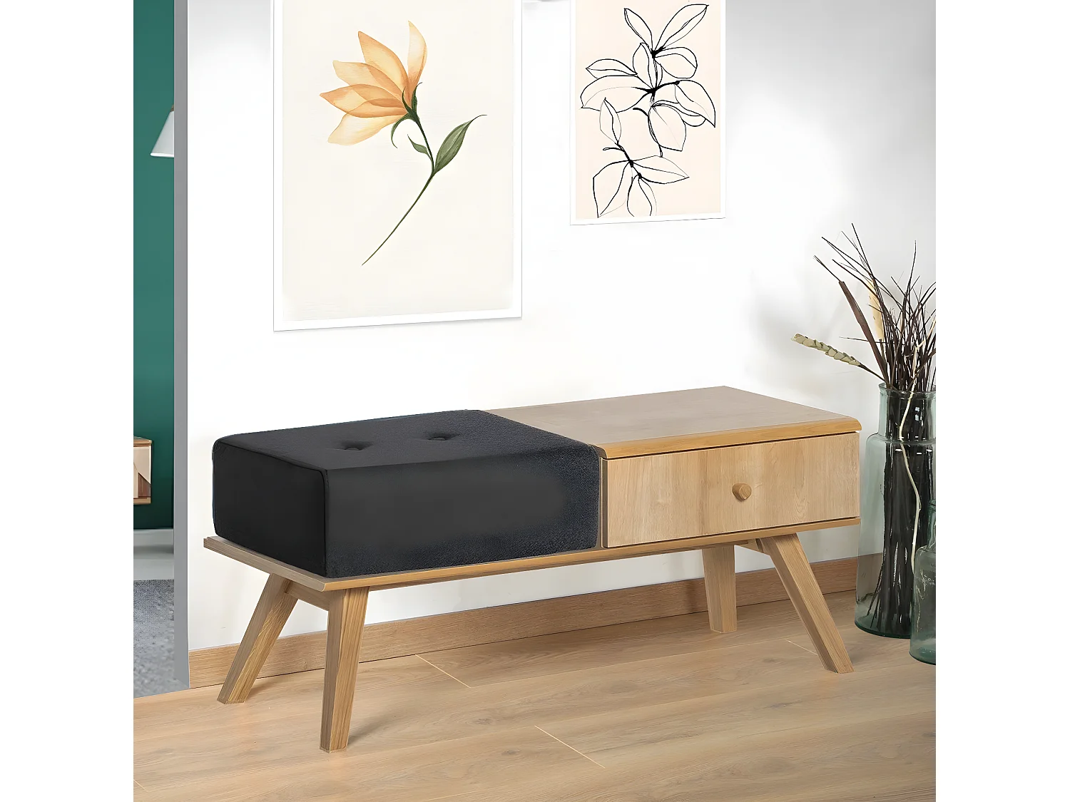 Banc avec tiroir et coussin - L100 x H43 x P40 cm