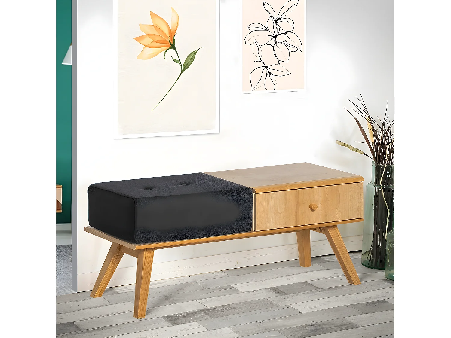 Banc avec tiroir et coussin - L100 x H43 x P40 cm