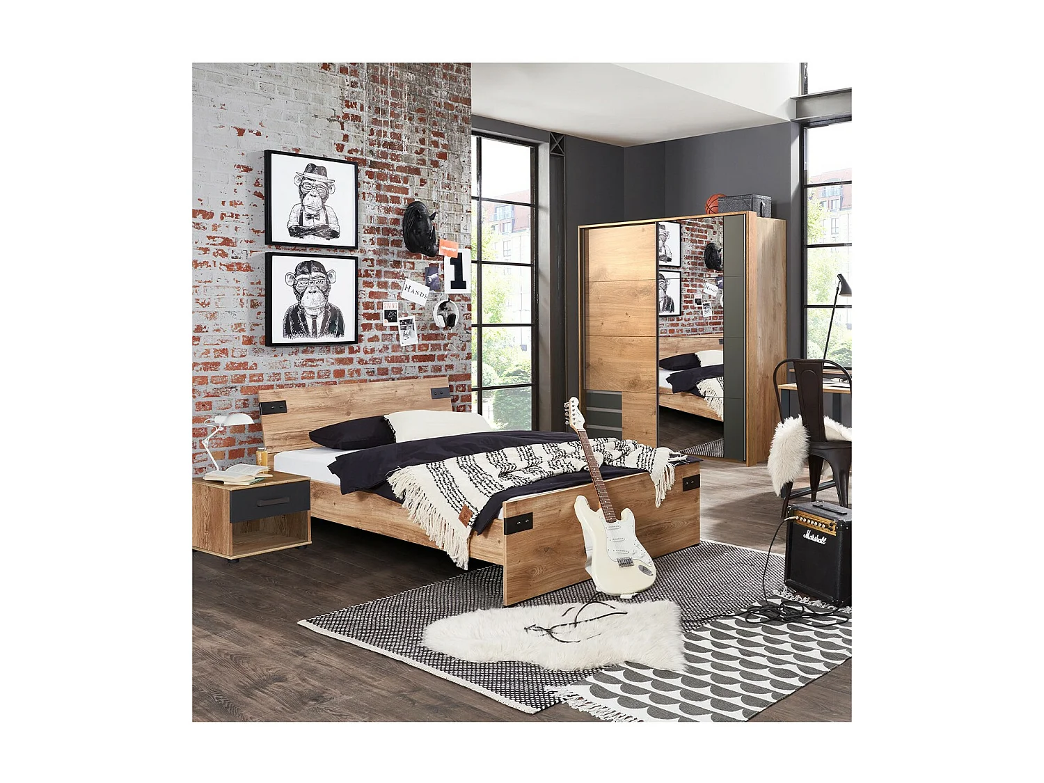 Chevet 1 tiroir décor chêne et graphite - L46 cm