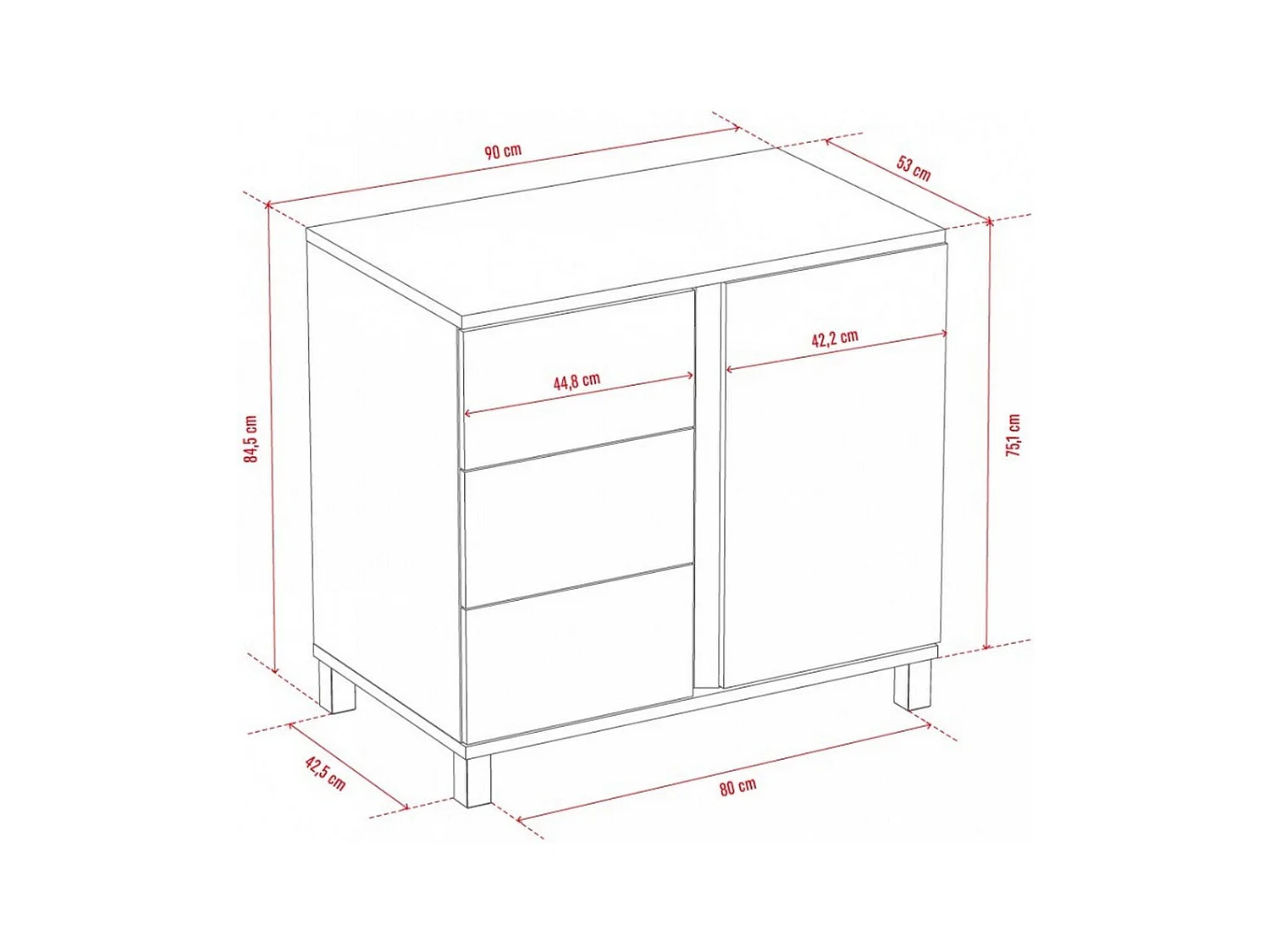 Kommode mit 3 Schubladen und 1 Tür - L90 cm - Altitude