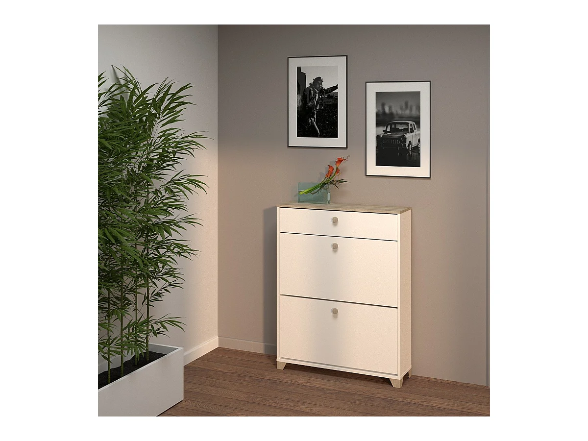 Meuble à chaussures 2 abattants et 1 tiroir décor chêne kronberg et blanc - L80,8 cm