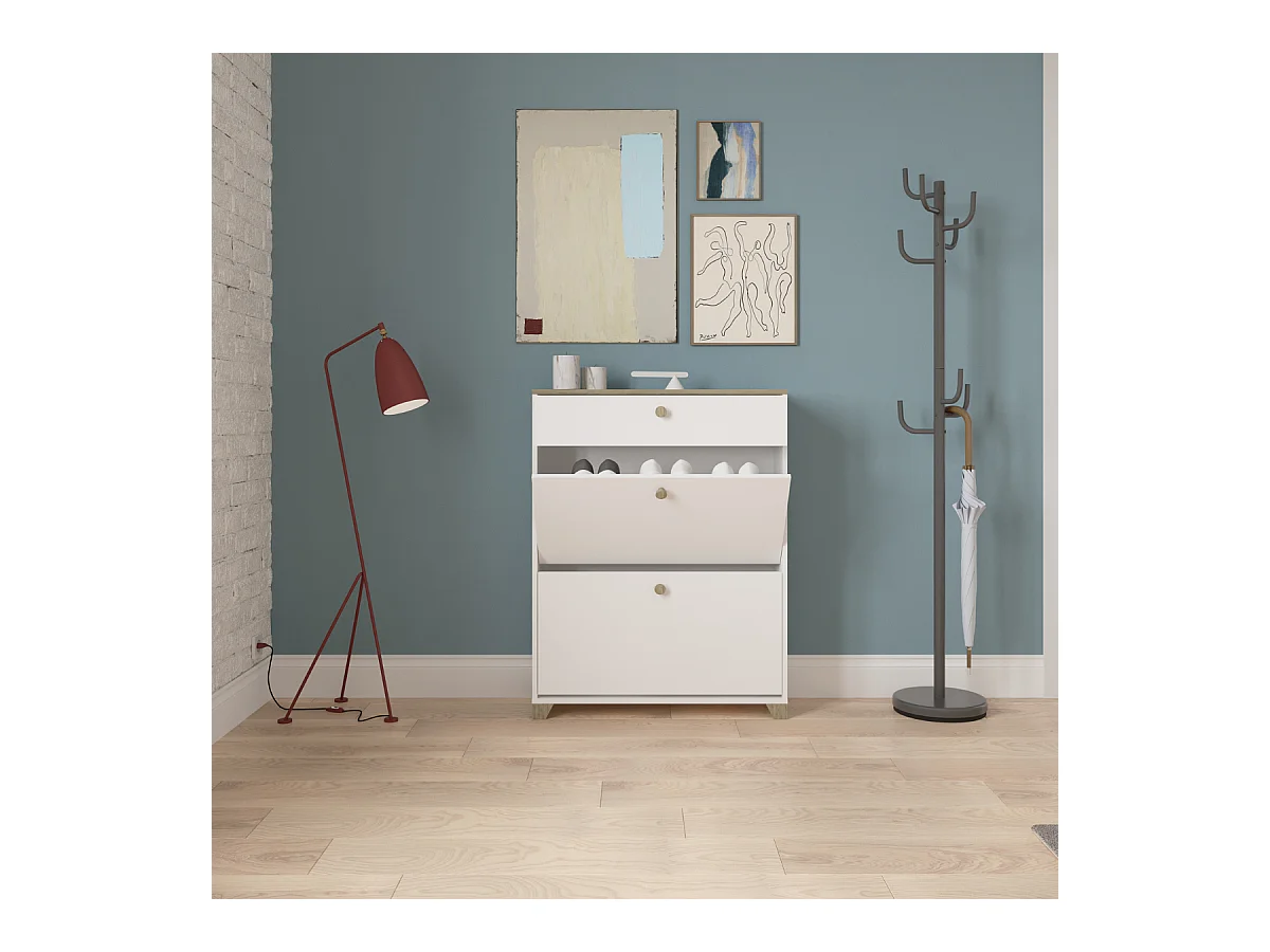 Meuble à chaussures 2 abattants et 1 tiroir décor chêne kronberg et blanc - L80,8 cm