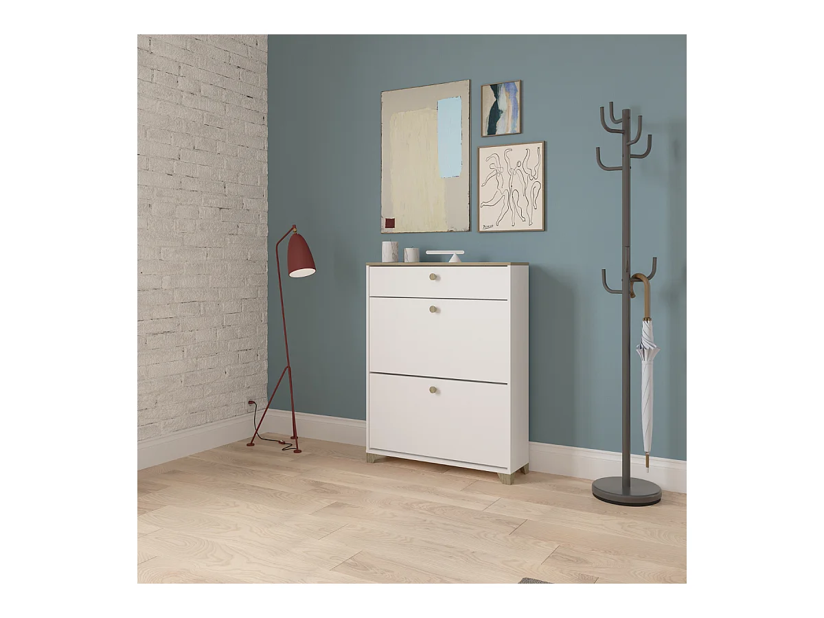 Meuble à chaussures 2 abattants et 1 tiroir décor chêne kronberg et blanc - L80,8 cm