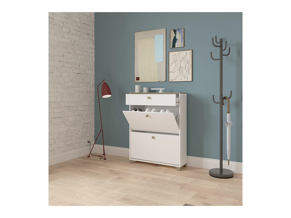 Meuble à chaussures 2 abattants et 1 tiroir décor chêne kronberg et blanc - L80,8 cm