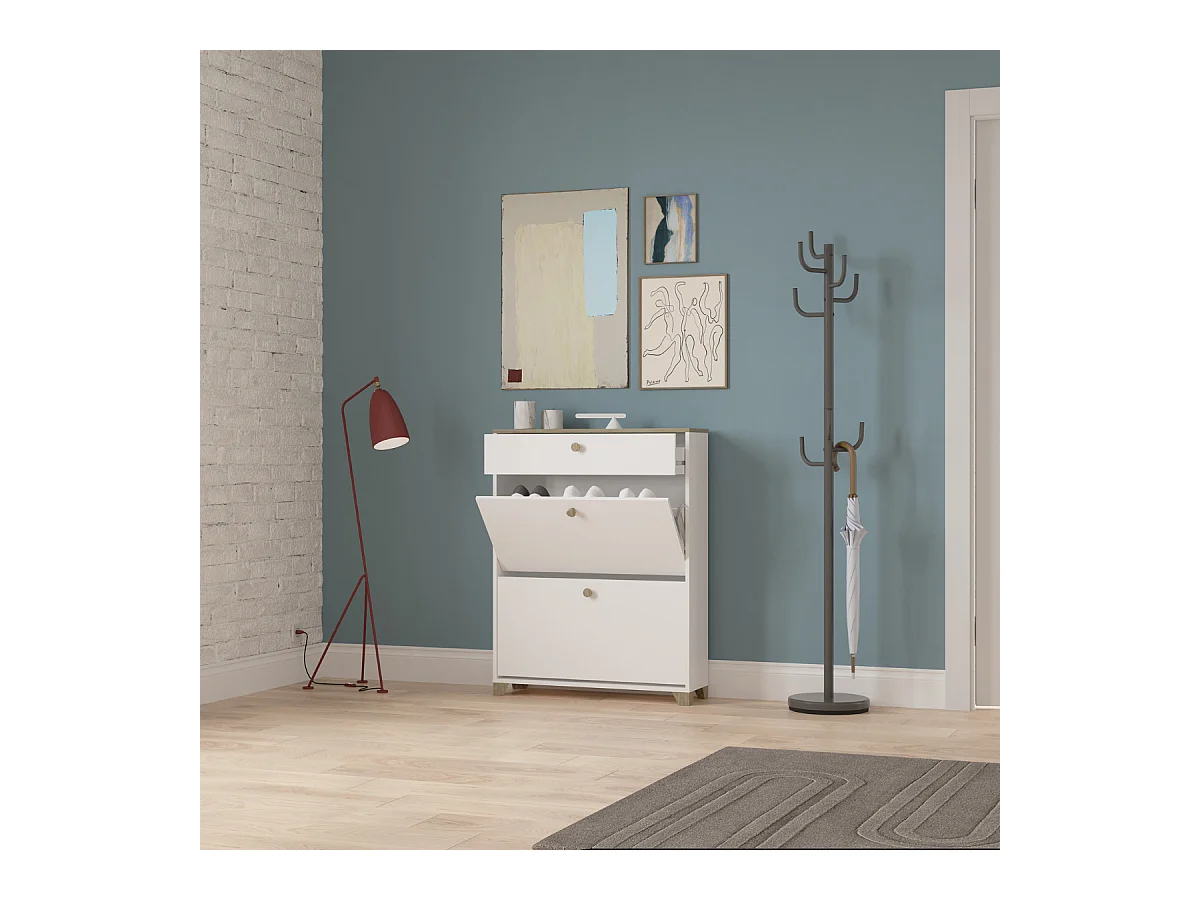 Meuble à chaussures 2 abattants et 1 tiroir décor chêne kronberg et blanc - L80,8 cm