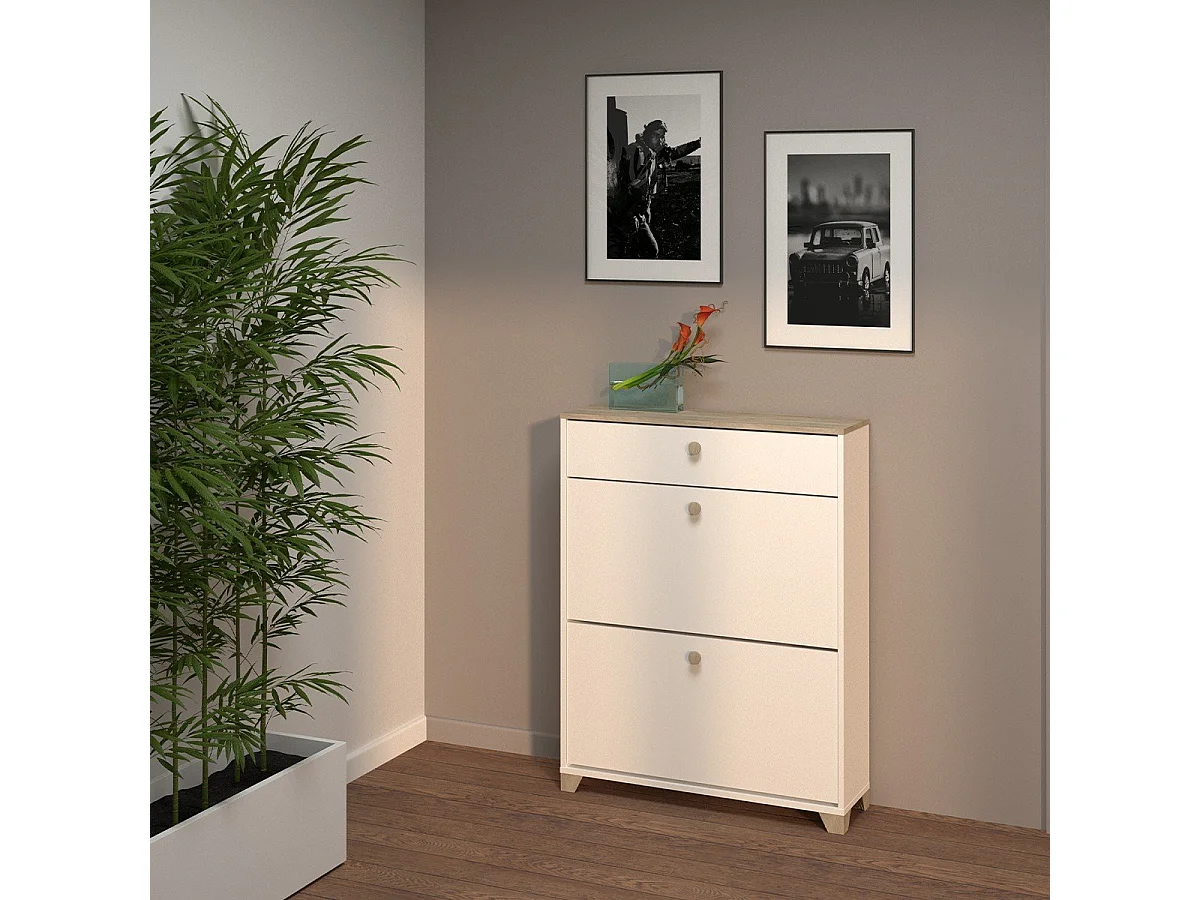 Meuble à chaussures 2 abattants et 1 tiroir décor chêne kronberg et blanc - L80,8 cm