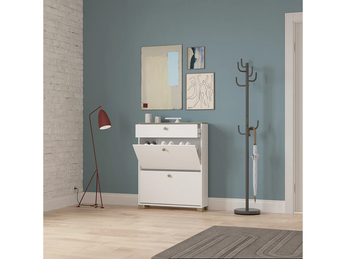 Meuble à chaussures 2 abattants et 1 tiroir décor chêne kronberg et blanc - L80,8 cm