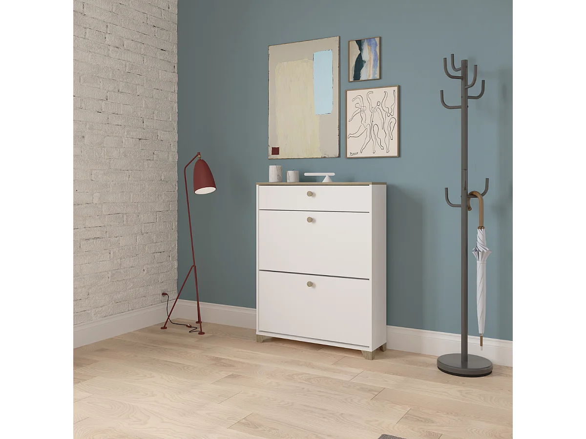 Schoenenkast met 2 neerklapbare deuren en 1 lade, eiken kronberg en wit decor - L80,8 cm