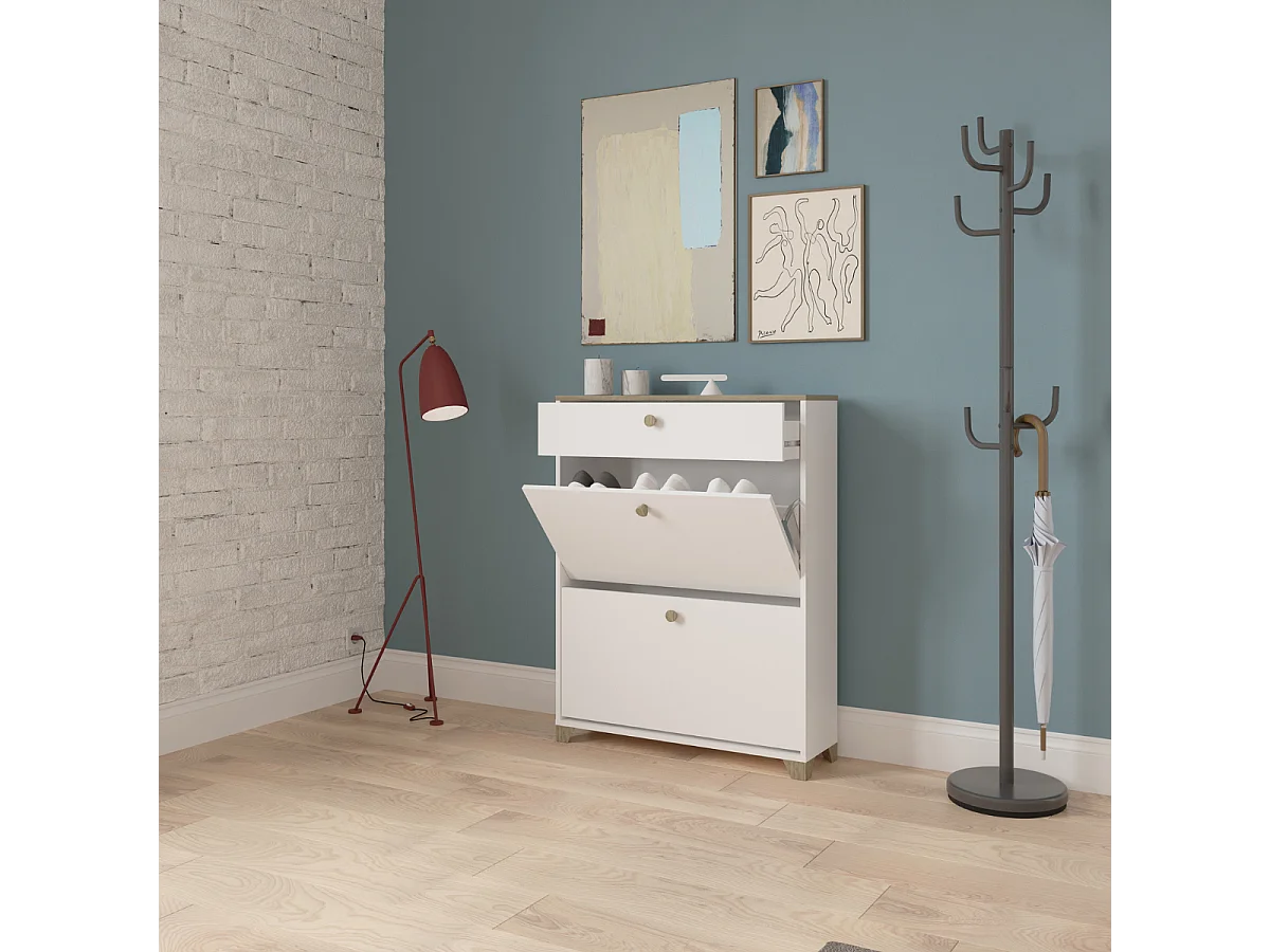 Schoenenkast met 2 neerklapbare deuren en 1 lade, eiken kronberg en wit decor - L80,8 cm