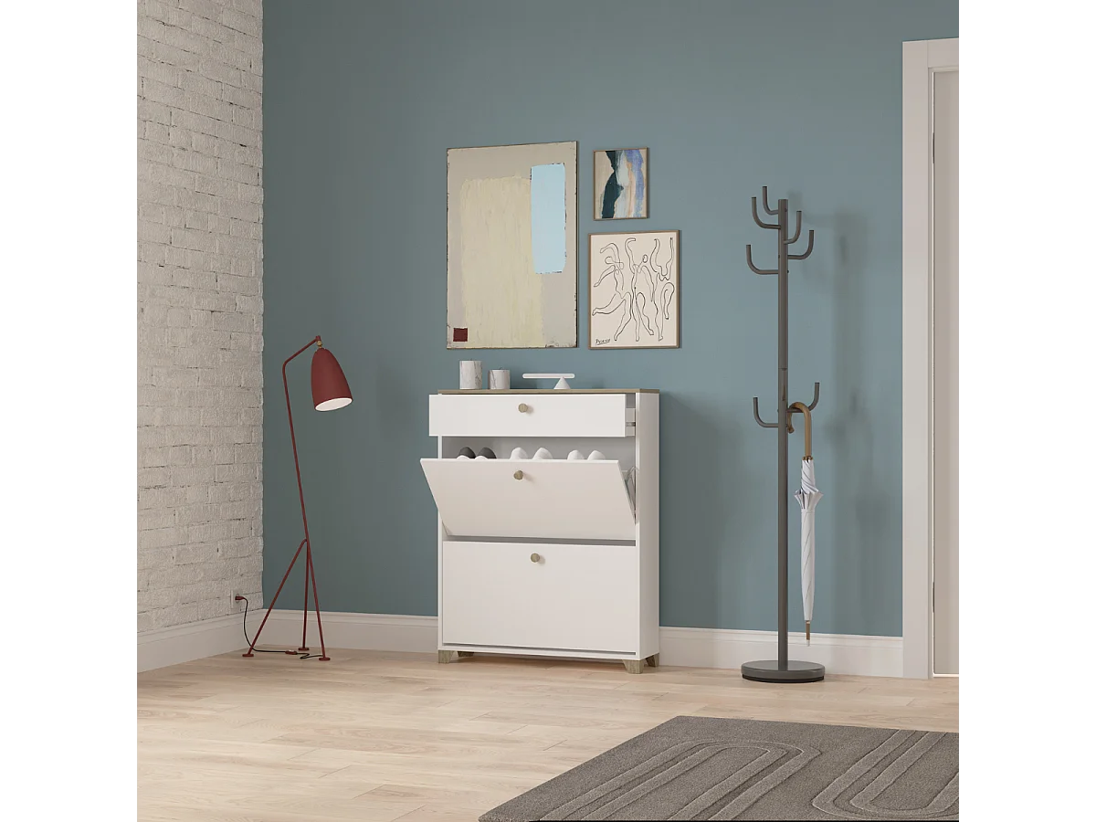 Schoenenkast met 2 neerklapbare deuren en 1 lade, eiken kronberg en wit decor - L80,8 cm