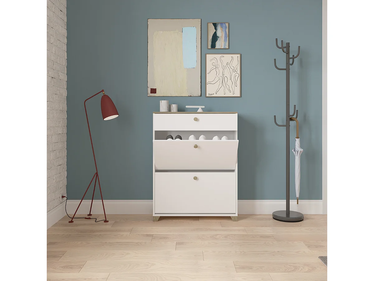 Meuble à chaussures 2 abattants et 1 tiroir décor chêne kronberg et blanc - L80,8 cm