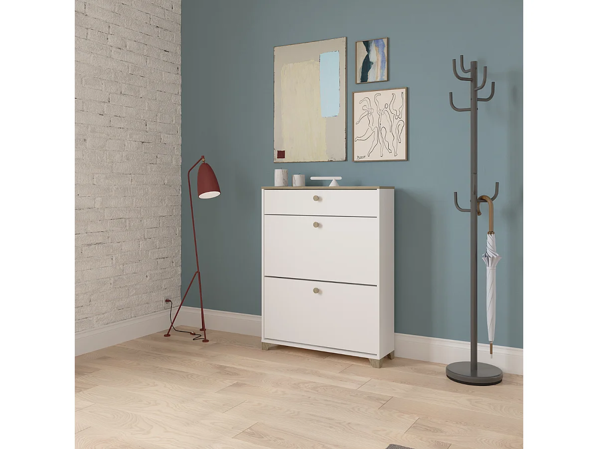 Meuble à chaussures 2 abattants et 1 tiroir décor chêne kronberg et blanc - L80,8 cm