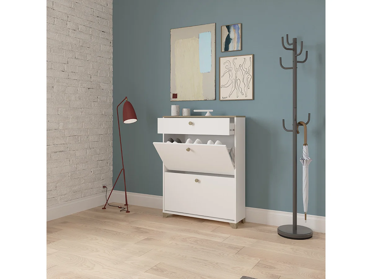 Meuble à chaussures 2 abattants et 1 tiroir décor chêne kronberg et blanc - L80,8 cm