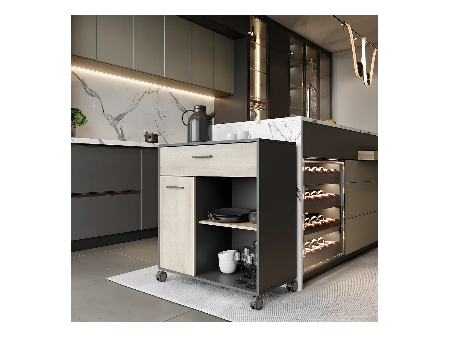 Küchenschrank mit Kronberg Eiche und Mint Schwarz Dekor - H90,3 cm