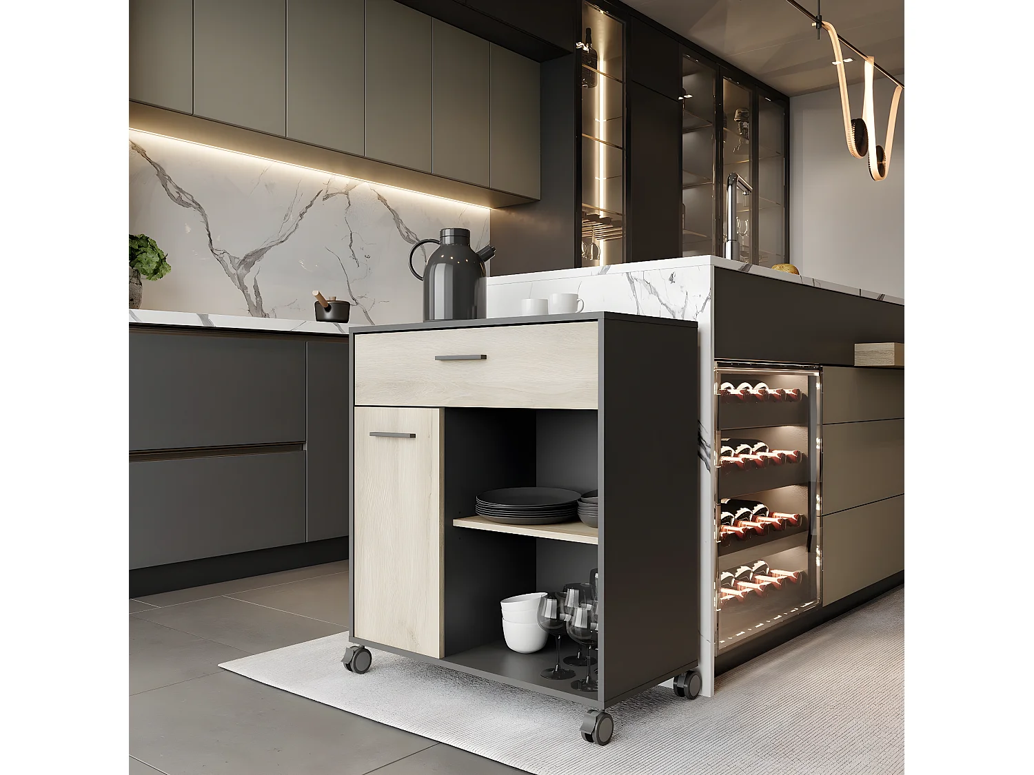 Desserte micro-ondes 1 tiroir, 1 porte et 2 niches H90,3 cm - MINT