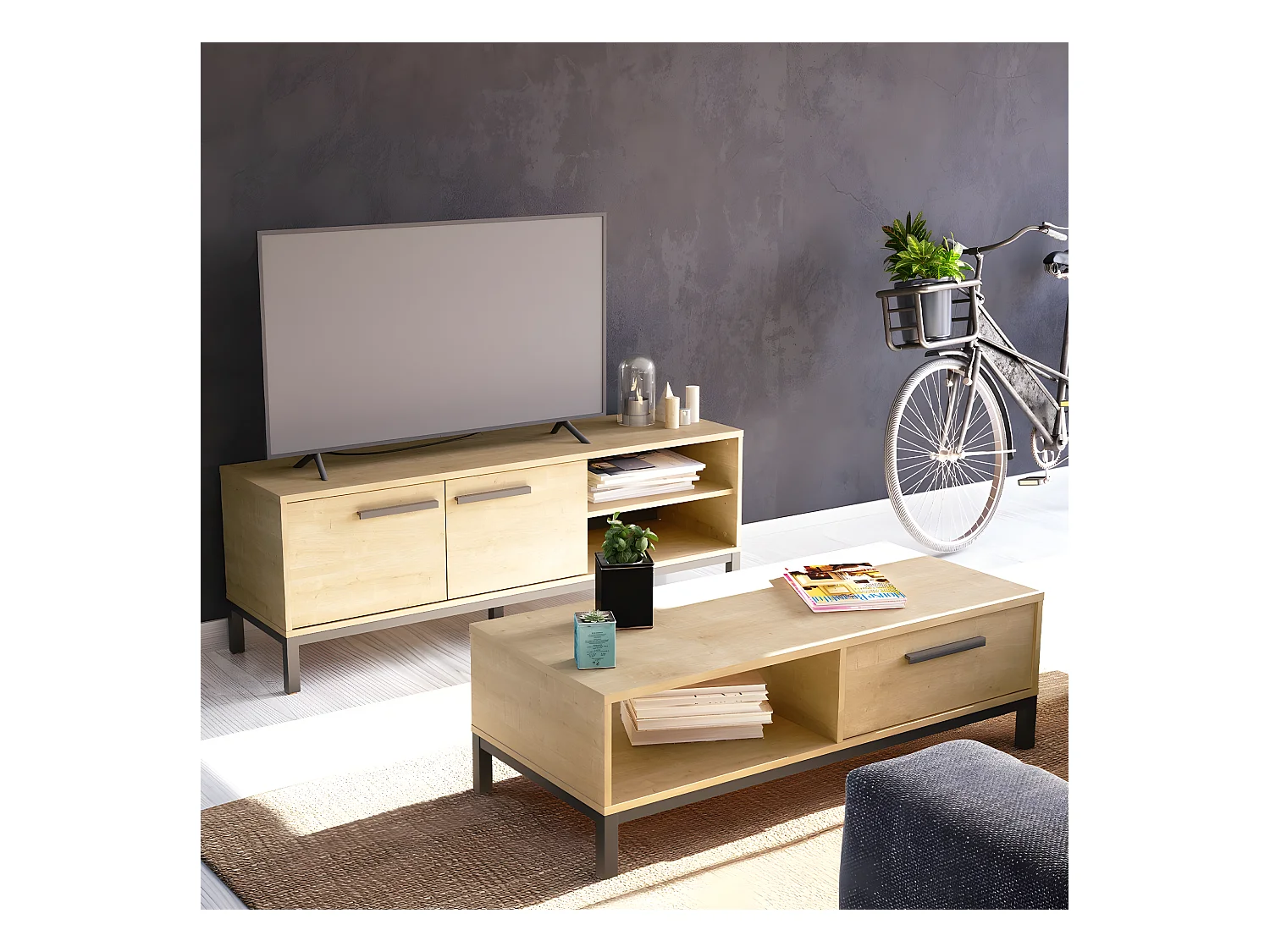 Table basse 1 tiroir et 1 niche décor chêne hamilton et noir - L110,4 cm