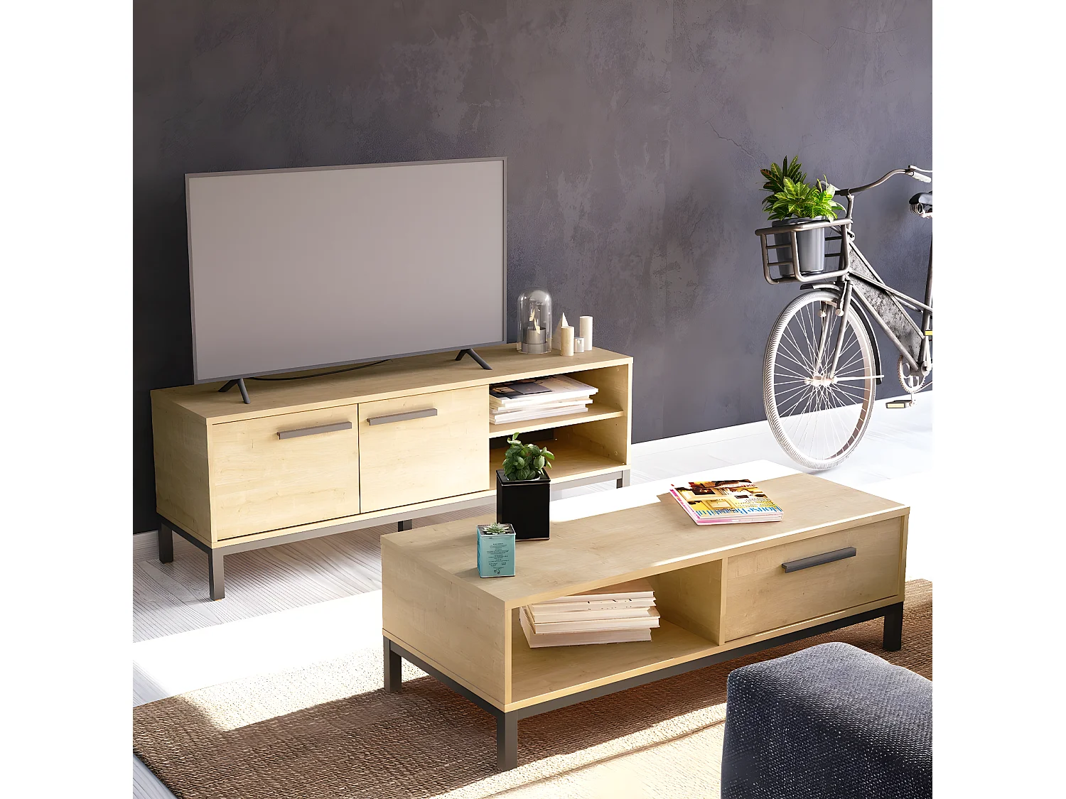 Table basse 1 tiroir et 1 niche décor chêne hamilton et noir - L110,4 cm