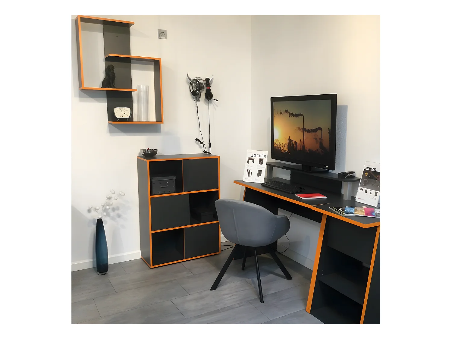 Schreibtisch Anthrazitgrau und Orange Zocker Pro 1 - L93 cm