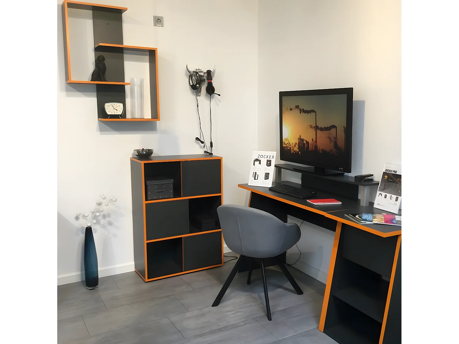 Bureau gris anthracite et orange Zocker Pro 1 - L93 cm