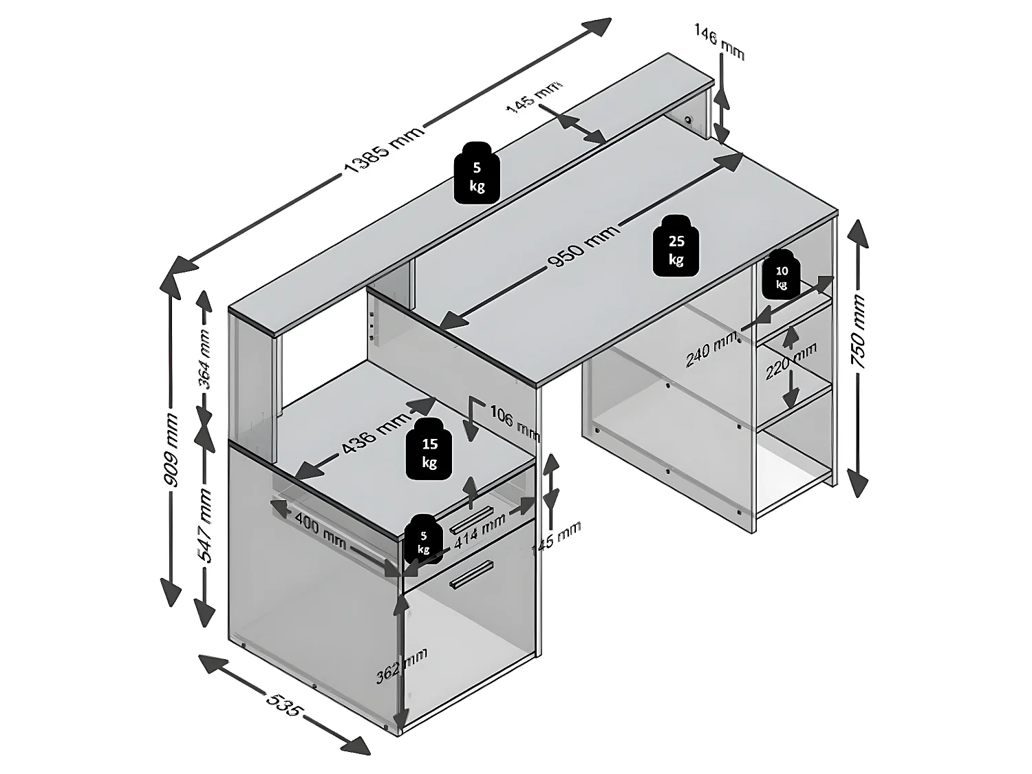 Bureau 1 porte 1 tiroir et 3 étagères Bolton - L138,5 cm