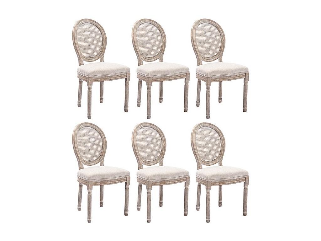Stuhl 6er-Set - Rohrgeflecht, Stoff & Kautschukholz - Beige - ANTOINETTE