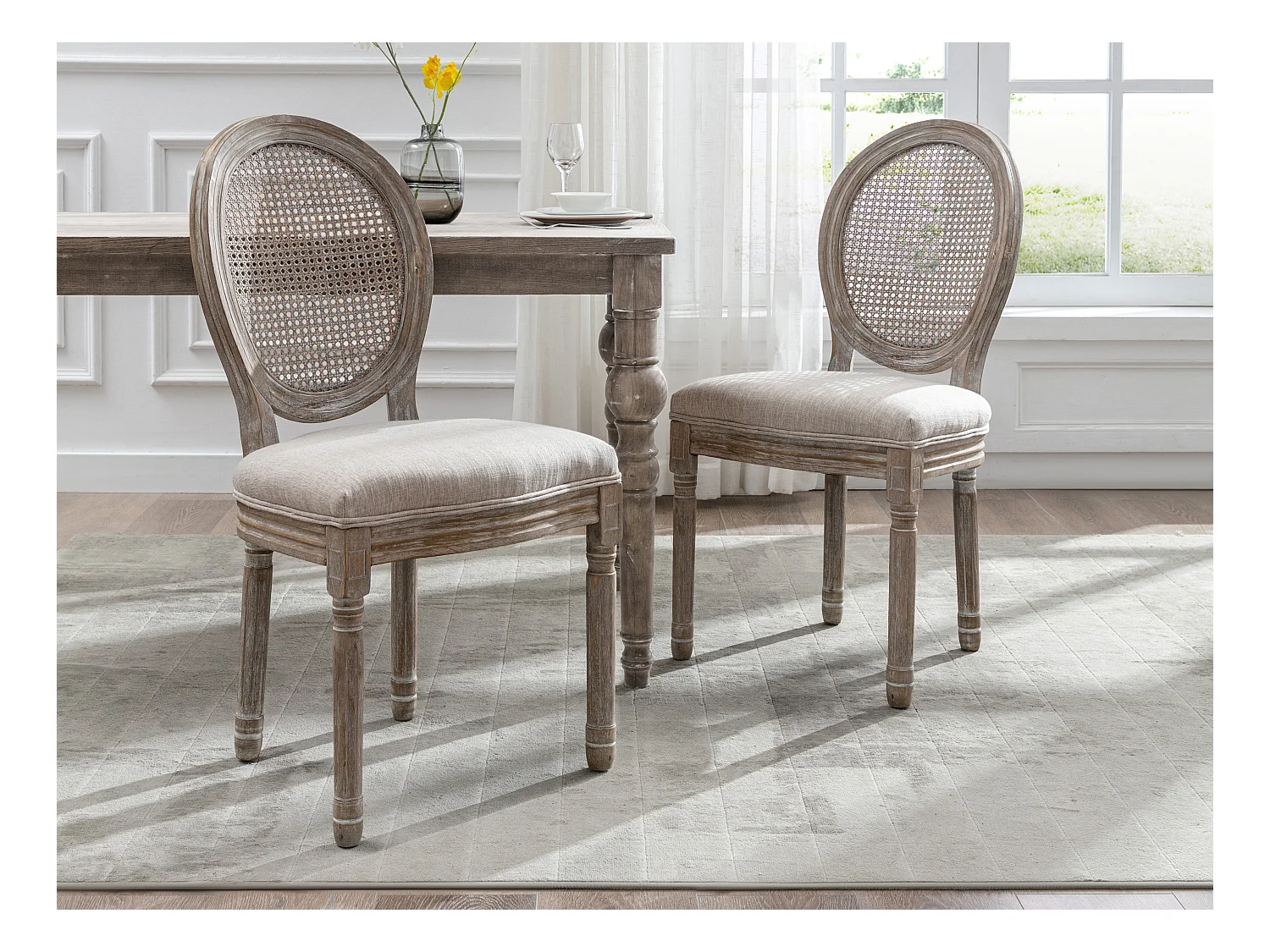 Lot de 6 chaises - Cannage, tissu et bois d'hévéa - Beige - ANTOINETTE