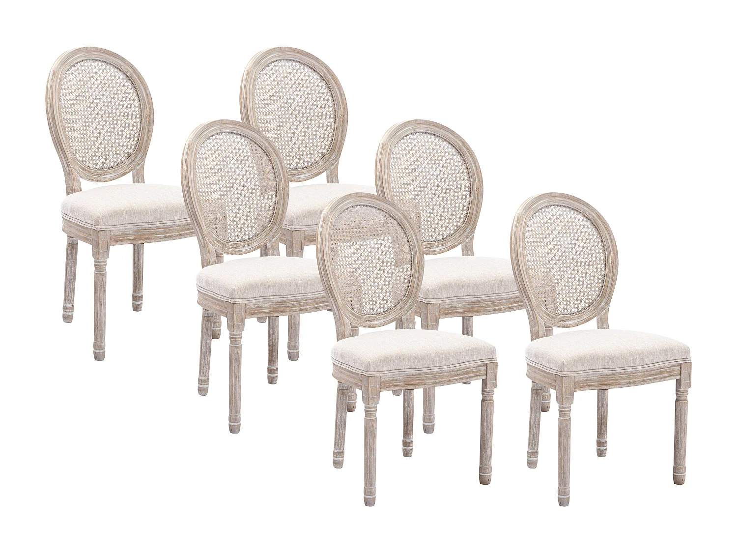 Lot de 6 chaises - Cannage, tissu et bois d'hévéa - Beige - ANTOINETTE