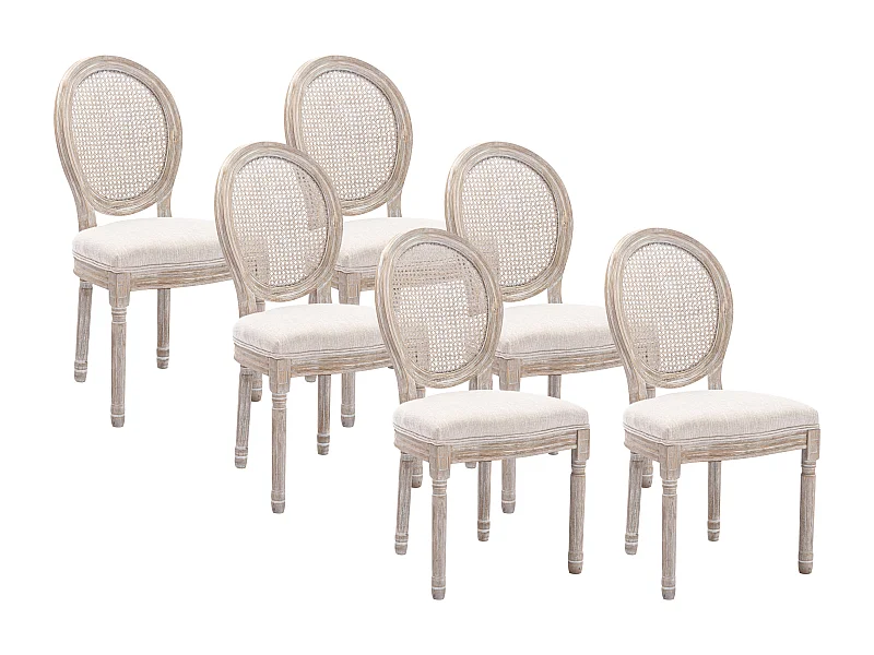 Lot de 6 chaises - Cannage, tissu et bois d'hévéa - Beige - ANTOINETTE