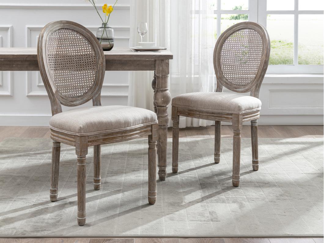 Juego de 6 sillas - Rejilla, tela y madera de hevea - Beige - ANTOINETTE