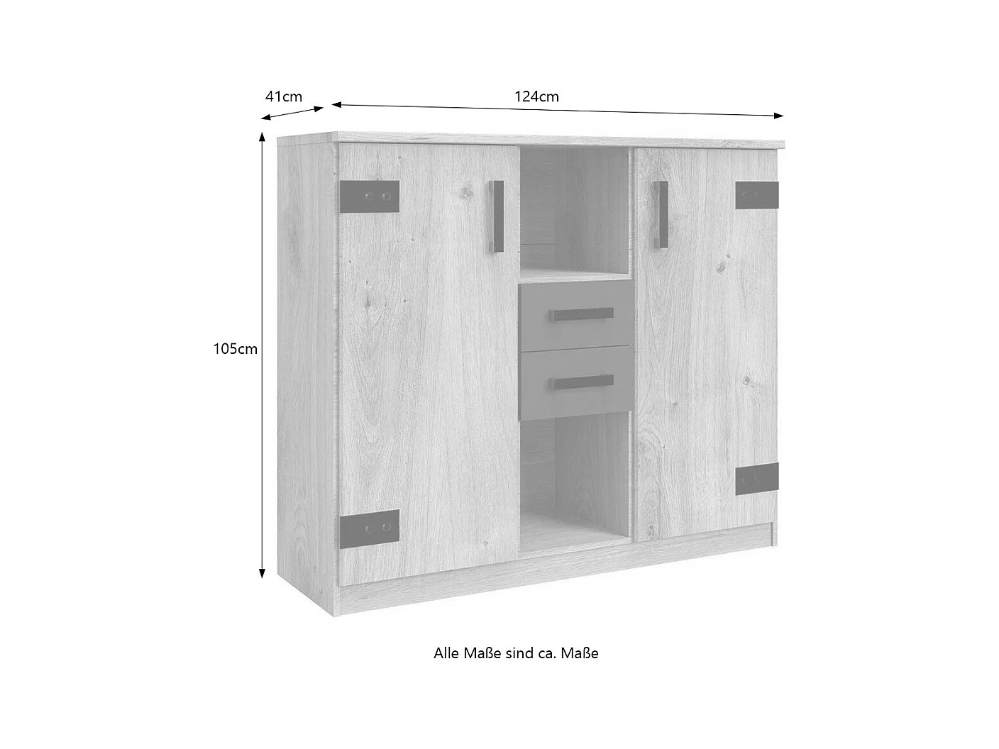 Commode 2 portes 2 tiroirs et 2 niches ouvertes - L124 cm