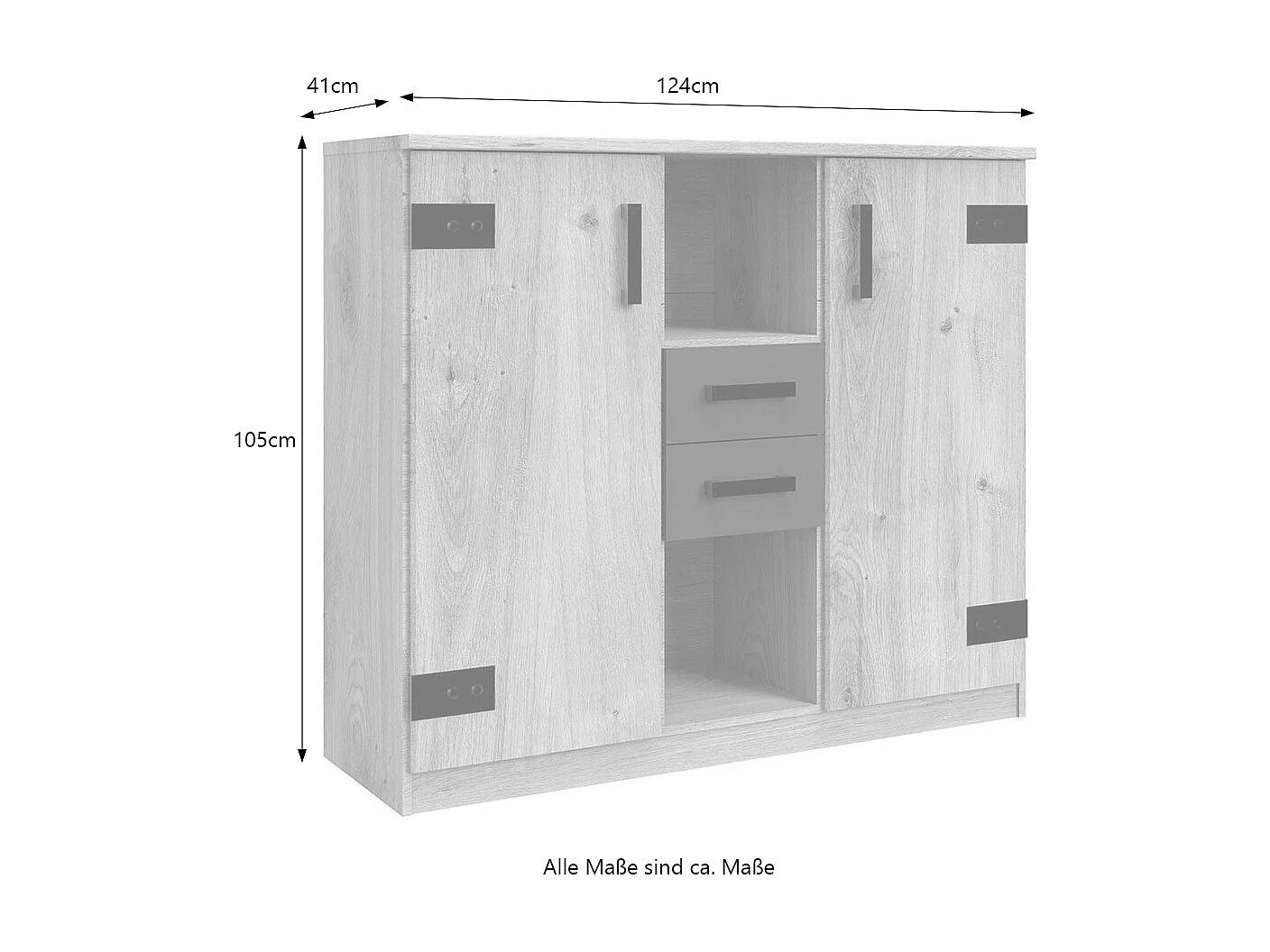 Commode 2 portes 2 tiroirs et 2 niches ouvertes - L124 cm