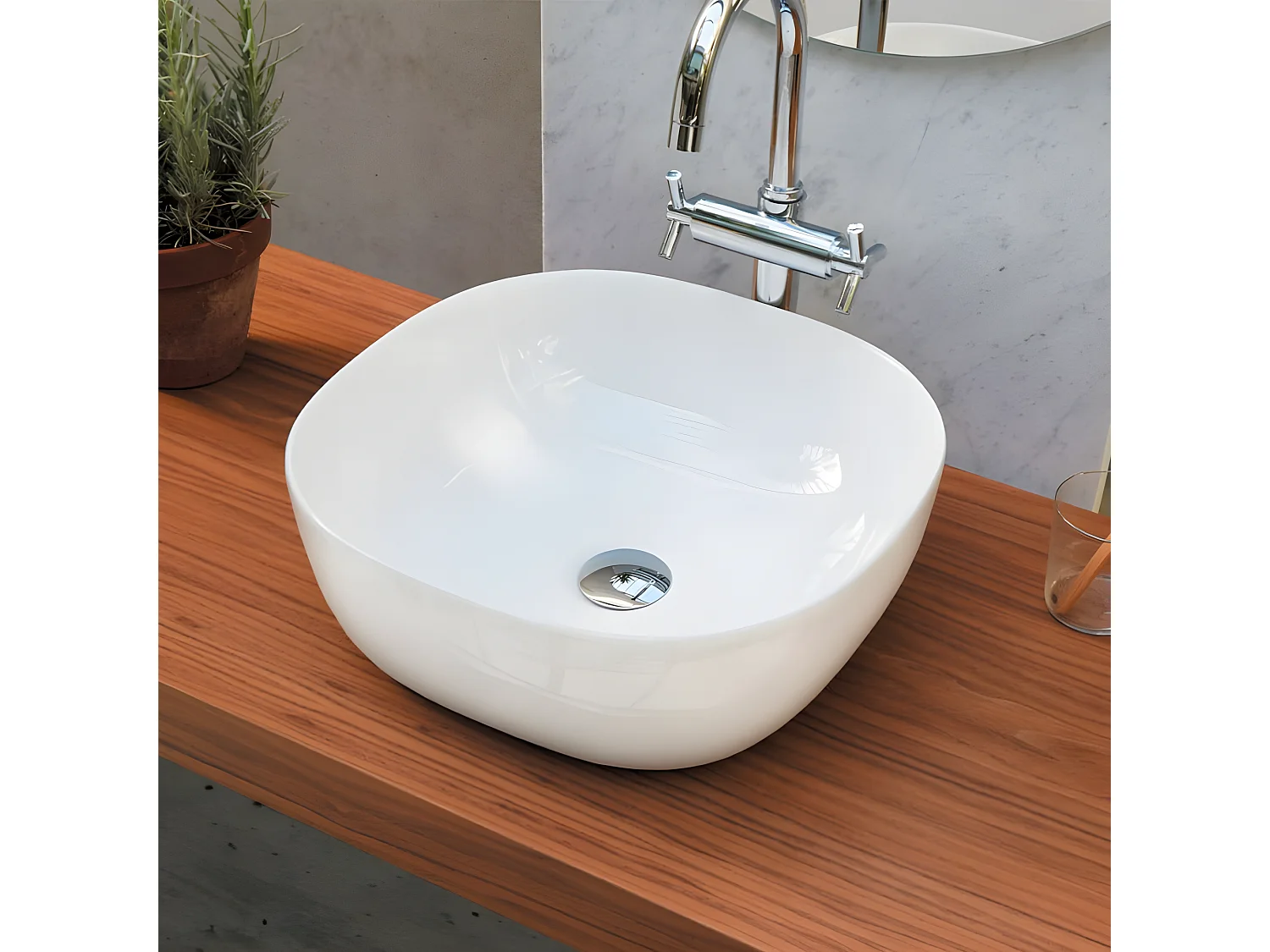 Vasque à poser carrée en céramique PALERMO blanc brillant 42.5 x 42.5 cm