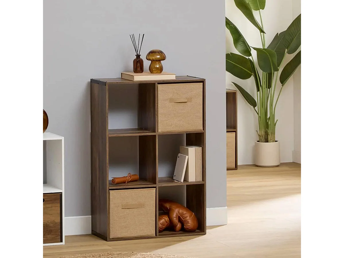 Meuble Étagère 6 cases de rangement coloris bois foncé style Industriel H 100.5 cm