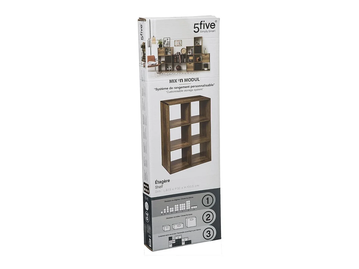 Meuble Étagère 6 cases de rangement coloris bois foncé style Industriel H 100.5 cm