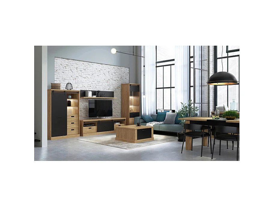 Etagère murale 160 cm décor chêne et noir mat - FARM