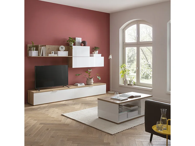 Etagère murale asymétrique 270 cm décor chêne blanc laqué - VERONICA